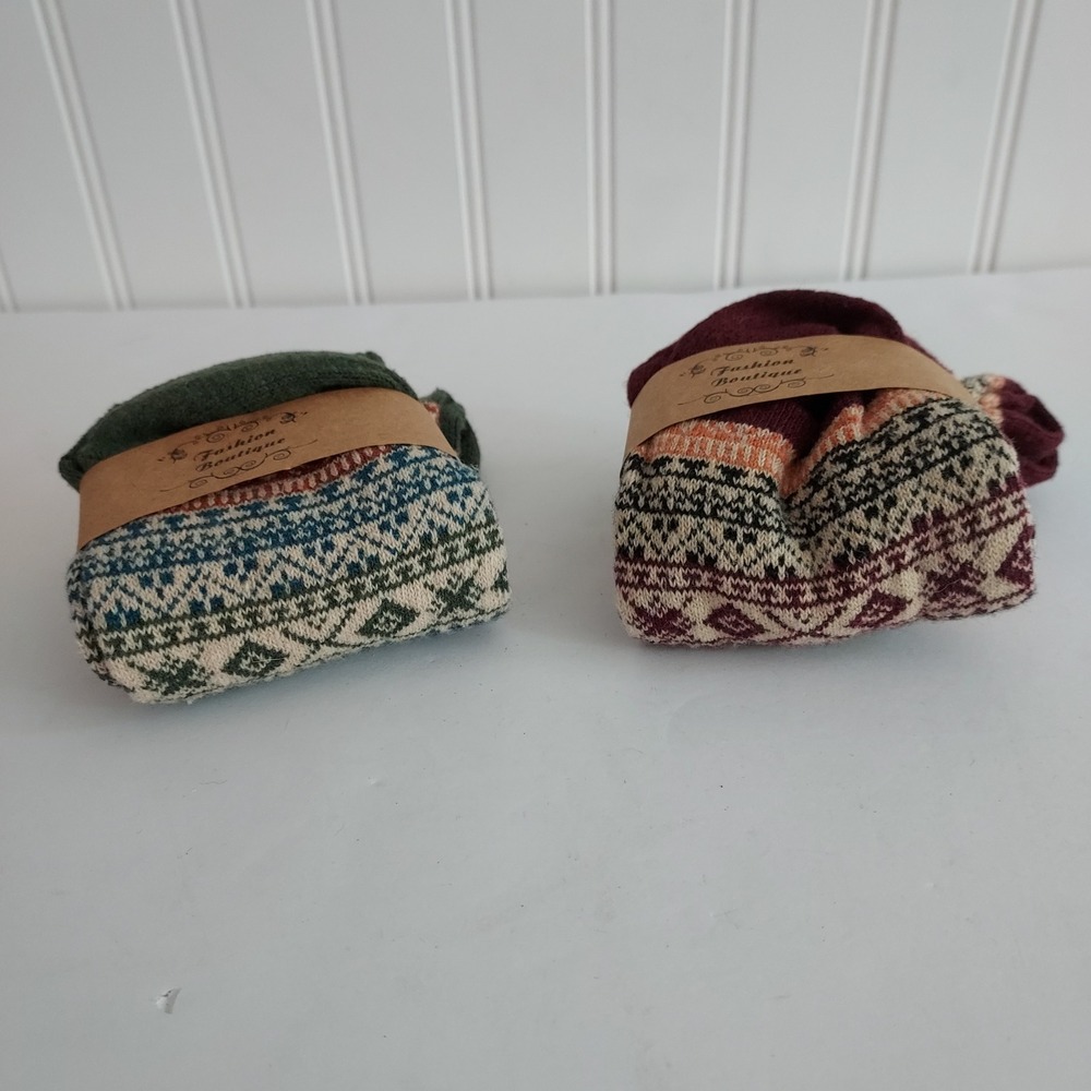 2pk‎ Wool Blend Fair Isle Crew Socks Green Burgundy Nordic Cabincore Cozy Hiking - Picture 3 of 4